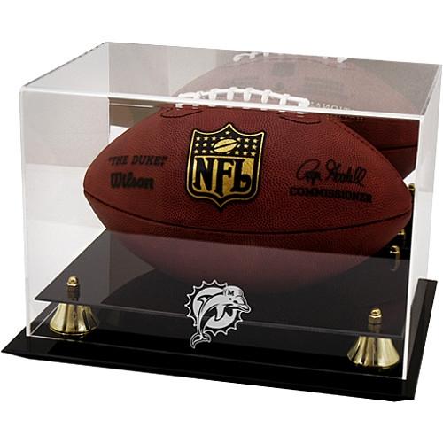 Goldene Vitrine mit klassischem Teamlogo des Footballs der Miami Dolphins