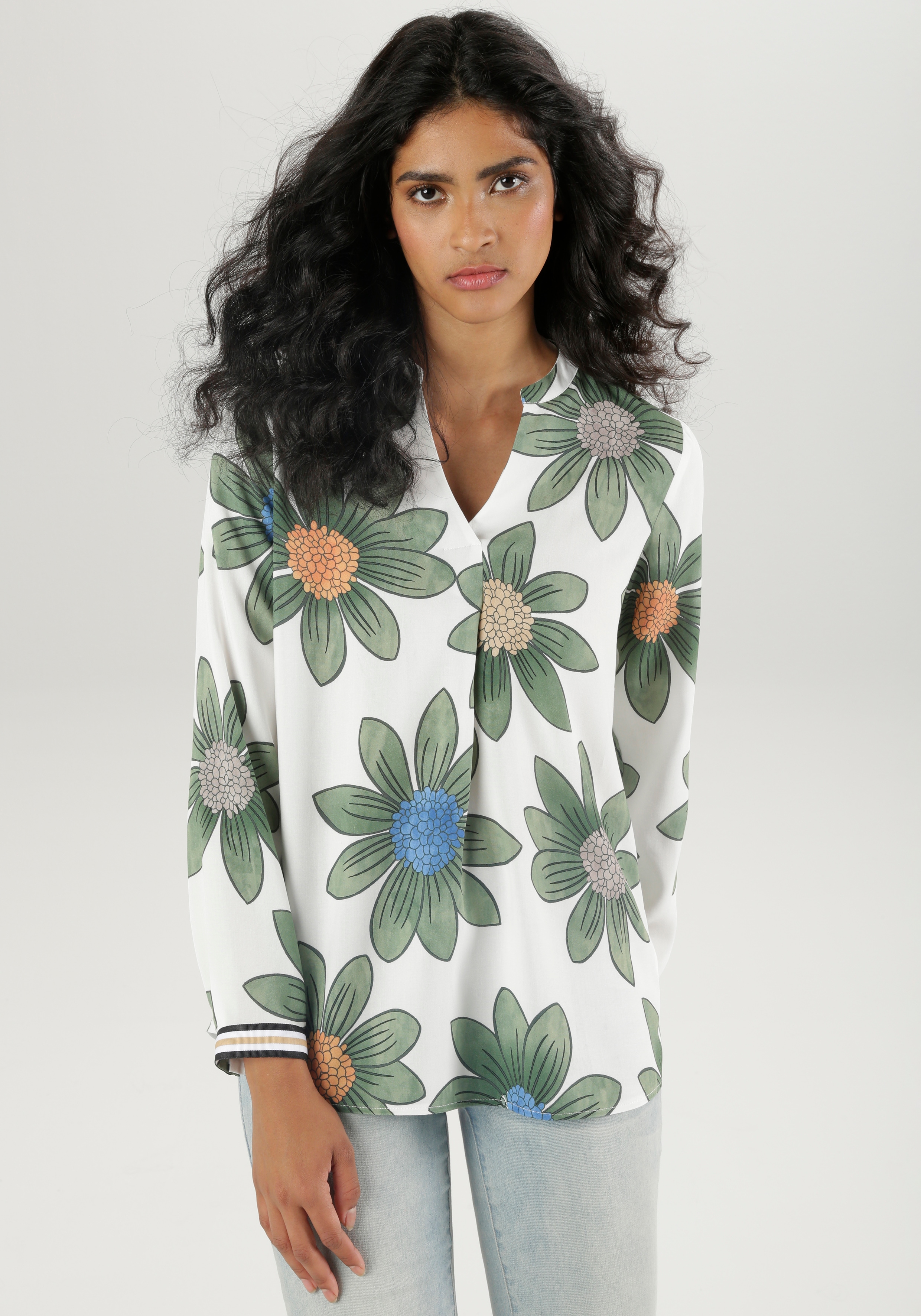 Schlupfbluse ANISTON SELECTED, Damen, Gr. 40, bunt (weiß, grün, grau, orange, beige, blau), Web, Obermaterial: 100% Viskose, bedruckt, geblümt, lässig geschnitten Po-bedeckend, V-Ausschnitt, 1-Knopf-Manschette, Blusen Schlupfbluse, mit gestreiften...