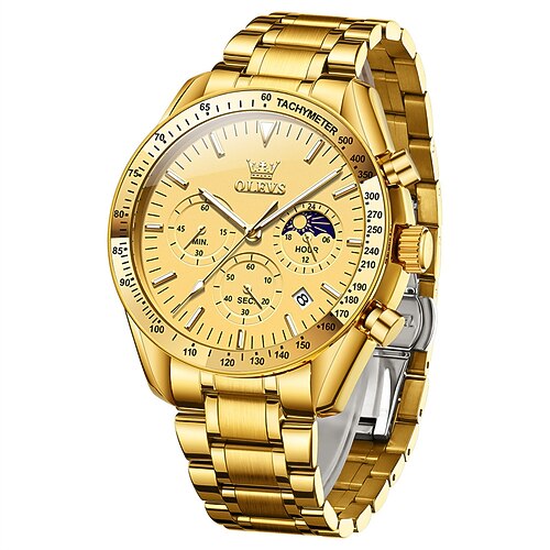 neue Olevs Olevs Modetrend Edelstahlband Herren Businessuhr Kalender leuchtende Mondphase einfache Freizeit Quarzuhr wasserdichte Sport Herrenarmbanduhr