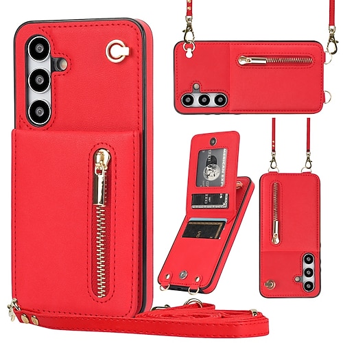 Handy Hülle Handyhüllen Für Samsung Galaxy S25 S24 S23 S23 FE S22 S21 Ultra Plus S20 Rückseite Brieftaschenhülle Reisverschluss mit Trageriemen Ständer Retro TPU PU-Leder Image