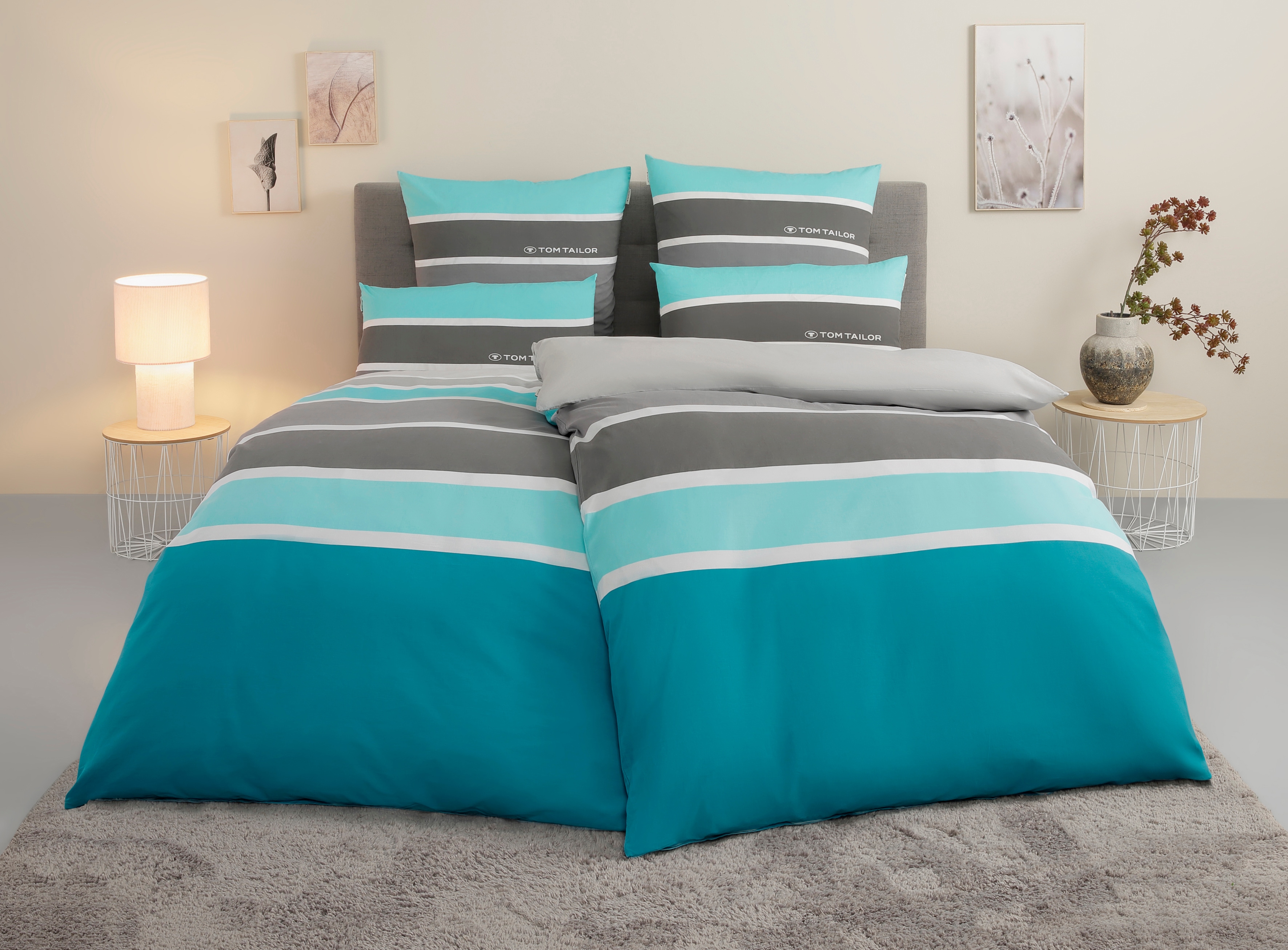 Bettwäsche TOM TAILOR HOME "Felix in Gr. 135x200 oder 155x220 cm", blau (türkis), B/L: 135cm x 200cm, 1 Stk., 1 Stk., Renforcé, B/L: 80cm x 40cm, 3 Stk., Renforcé, Obermaterial: 100% Baumwolle, Bettwäsche, Bettwäsche, mit GRATIS-Zugabe:...