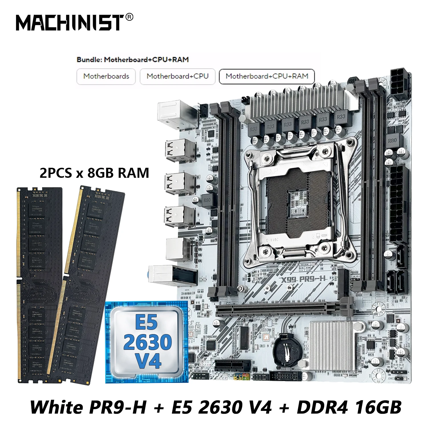 MACHINIST White X99 PR9-H Motherboard-Kombination mit Intel Xeon E5 2630 V4 LGA 2011-3 CPU, DDR4 16GB RAM, NVME M.2, optionales Kit-Set Image