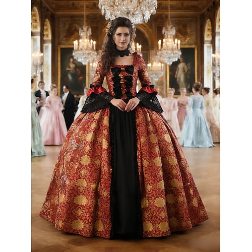 Rokoko Viktorianisch Renaissance Bodenlang Kleid Partykostüm Maskerade Übergröße Normal Puffärmel / Ballon Trompetenärmel Prinzessin Spitze Tüll Vintage Ballkleid Quadrathals Kostüm Damen königlich Image