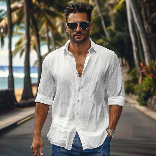 Men's Shirt Cotton Linen Shirt White Blue Long Sleeve Solid Color Turndown Summer Spring Fall Sports Outdoor Causal Clothing Apparel Button