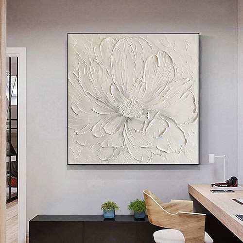 3D großes handgemaltes weißes Blumenölgemälde auf Leinwand handgemachtes Acrylgemälde handgemachtes schweres Strukturgemälde abstrakte Landschaft Ölgemälde Wandkunst florale Wanddekoration Malerei Image