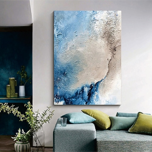 großes handgemachtes abstraktes Küstenlandschafts-Ölgemälde auf Leinwand, großes Ölgemälde, Wandkunst, Ölgemälde, blaue Himmelskunst, individuelles Gemälde für Wohnzimmer, Schlafzimmer, Dekoration Image