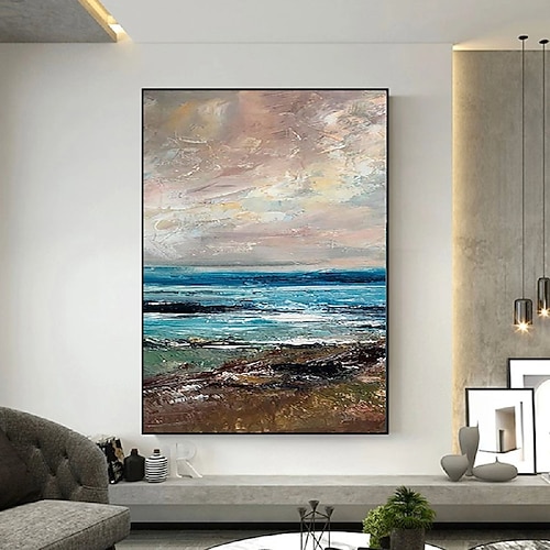 handgemalte abstrakte Seelandschaftsgemälde auf Leinwand, handgefertigtes Ölgemälde mit Textur, Ozean, Meer, handgefertigte blaue Kunst, Triptychon-Gemälde für die Wanddekoration im Wohnzimmer Image