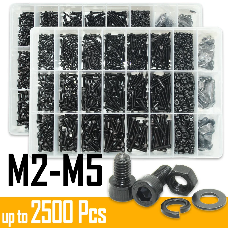 Schwarz 2500P Innensechskantschrauben Set M2 M2,5 M3 M4 M5 M6 DIN912 12,9 Innensechskantmutter Stahl Halbrundkopf Innensechskantschraubenmuttern Image