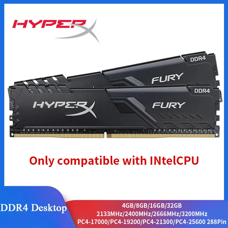 HyperX Fury Memoria Desktop-RAM DDR4 8 GB 16 GB 3200 MHz 2400 MHz 2666 MHz 288 Pins Desktop-Speicher Nur kompatibel mit Intel-CPU Image