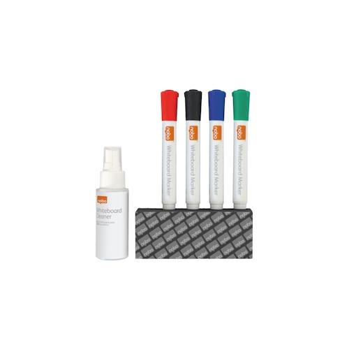 NOBO Whiteboard-Starter-Set (4 Whiteboard-Marker, Whiteboard-Radiergummi und Whiteboard-Reinigungsspray).