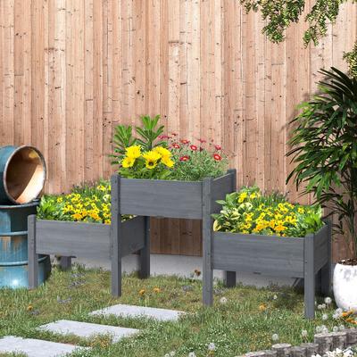 Raised Garden Bed with 3 Planter Box, Elevated Wooden Plant Stand with Drainage Holes for Vegetables, Herb and Flowers, Gray