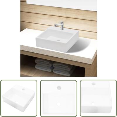 Keramik Waschbecken mit Hahnloch Weiß Quadratisch - Keramik Waschbecken - Weißes Waschbecken Image