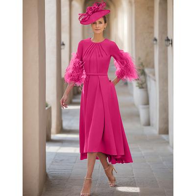 A-Line Mother of the Bride Dress Wedding Guest Elegant Jewel Neck Asymmetrical Stretch Fabric Half Sleeve with Feather 2025 free custom size