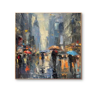 pedestrian With Umbrellas In Rainy City Painting Oil Painting Hand painted Rainy City Oil Painting Handmade Cityscape Art Urban Painting Canvas Home Decor Stretched Frame Ready to Hang or Unframed