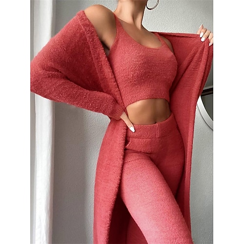 set di abbigliamento da casa da donna 3 pezzi colore puro moda felpa casual casa quotidiano vacanza maglia misto cotone caldo traspirante girocollo manica lunga pantaloni autunno inverno abiti da casa