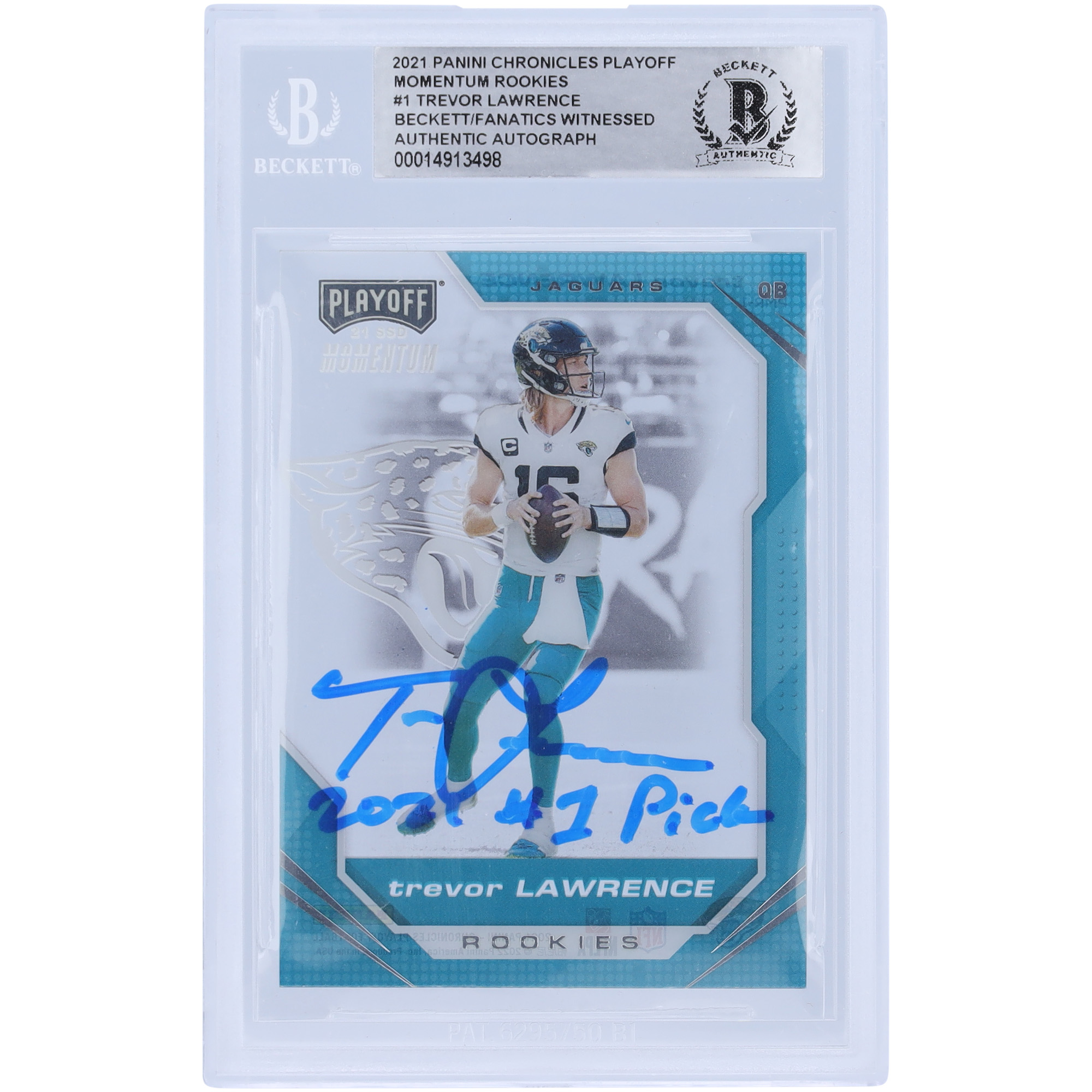 Trevor Lawrence Jacksonville Jaguars signierte 2021 Panini Chronicles Playoff Momentum #PMR-1 Beckett Fanatics bezeugte authentifizierte Rookie-Karte mit der Aufschrift „2021 #1 Pick“ Image