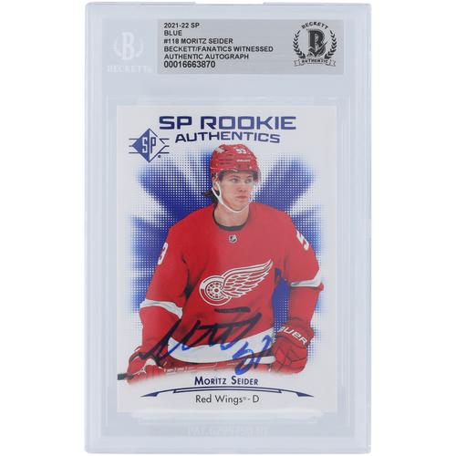 Moritz Seider Detroit Red Wings signierte 2021-22 Upper Deck SP Blue #118 Beckett Fanatics bezeugte authentifizierte Rookie-Karte