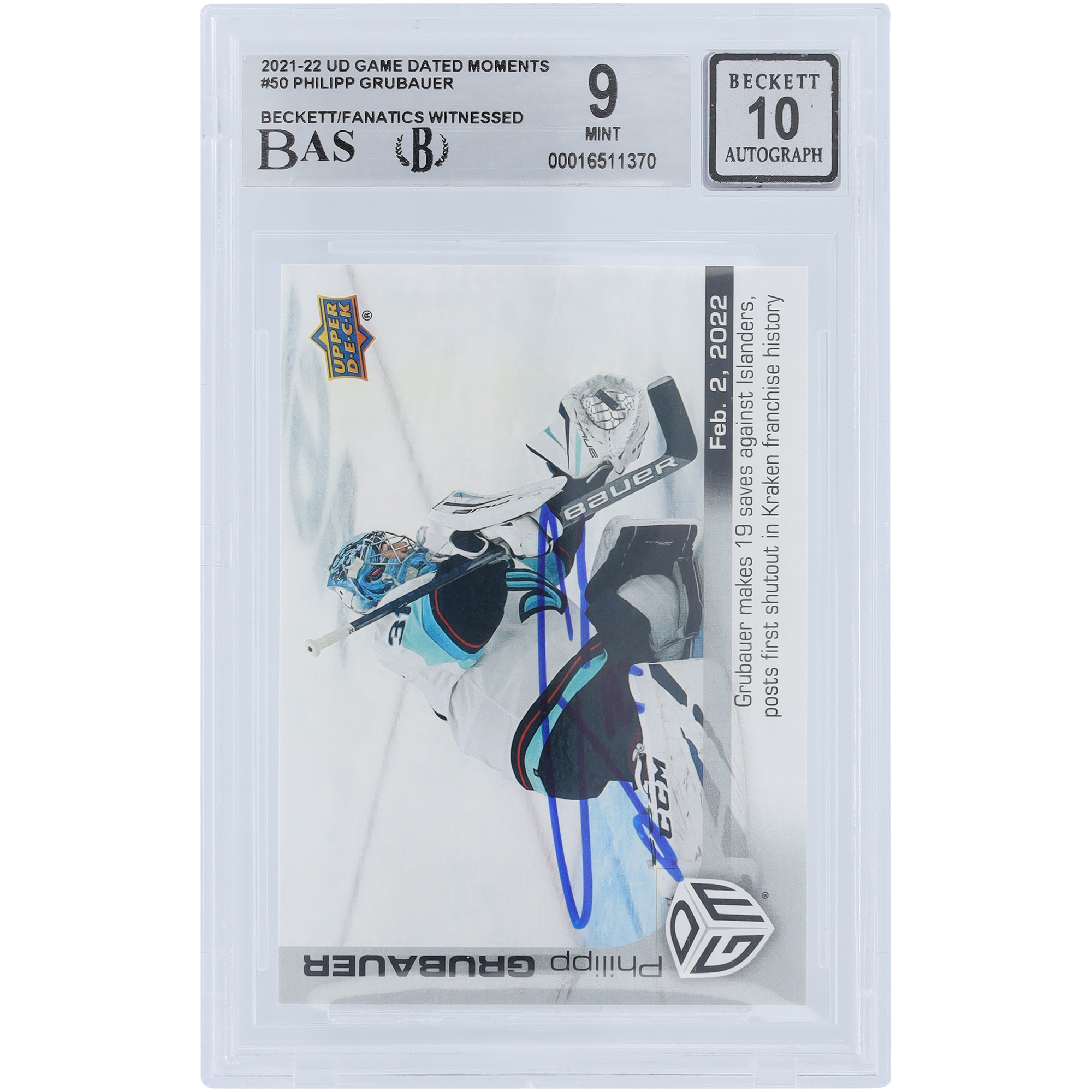 Philipp Grubauer Seattle Kraken signiert 2021-22 Upper Deck Spiel datierte Momente #50 #/499 Beckett Fanatics bezeugt authentifiziert 9/10 Karte Image