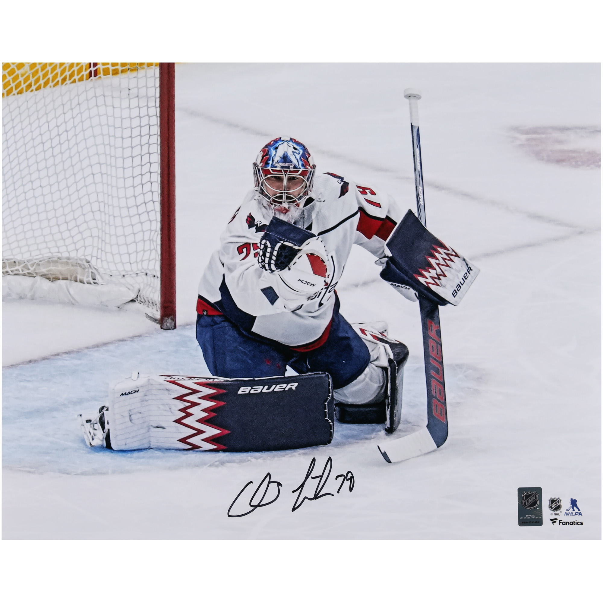 Signiertes Foto von Charlie Lindgren, Washington Capitals, 16 x 20 Zoll, weißes Trikot, Making Save Image