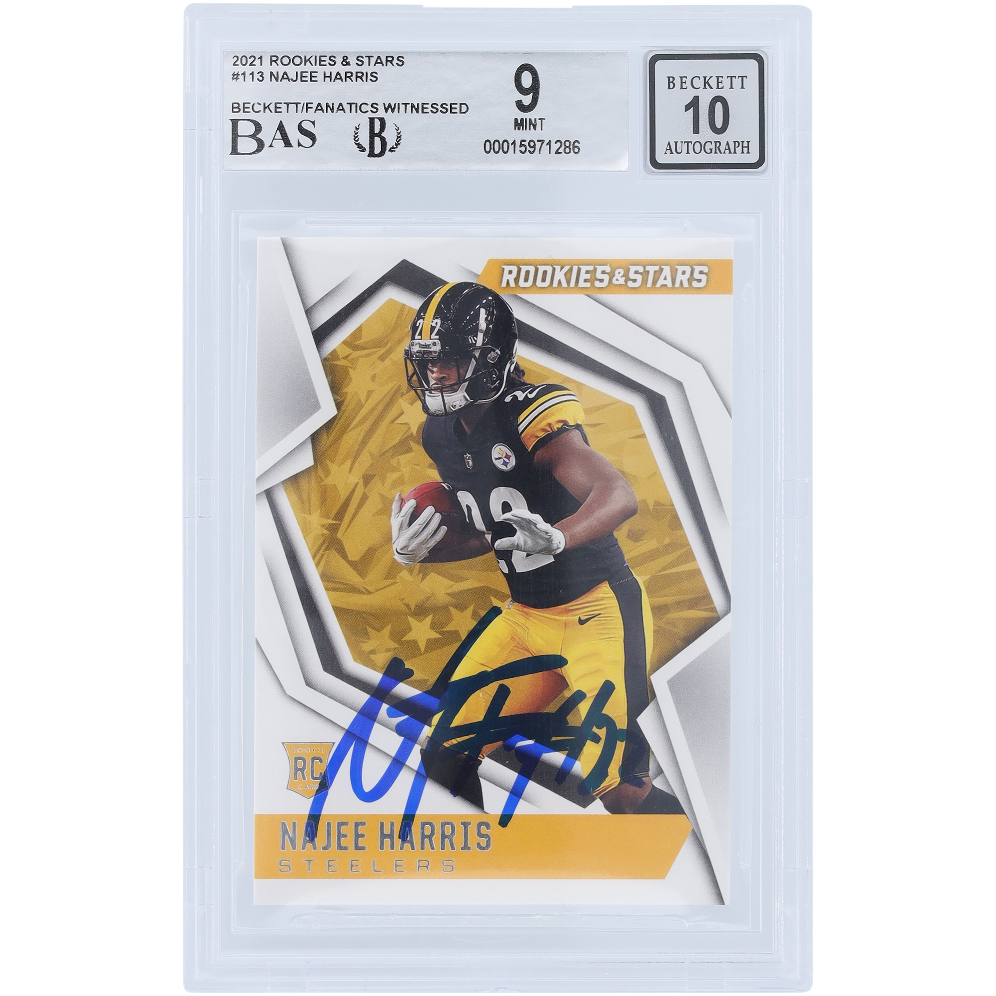 Najee Harris Pittsburgh Steelers signierte 2021 Panini Rookies & Stars #113 Beckett Fanatics bezeugte authentifizierte 9/10 Rookie-Karte Image