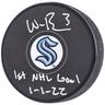 Will Borgen Seattle Kraken Autographed Hockey Puck with ""1st NHL Goal 1-1-22"" Inscription