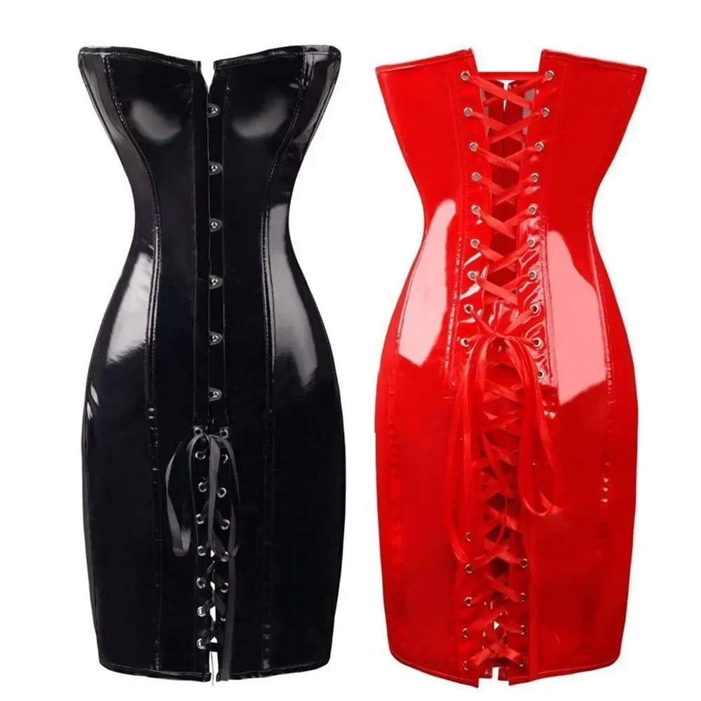 Hot Red Black Body Slim PVC Korsett Sexy Club Langes Bustier Kleid Langes Lederkorsett Sexy Clubkleid Halloween Party Mieder