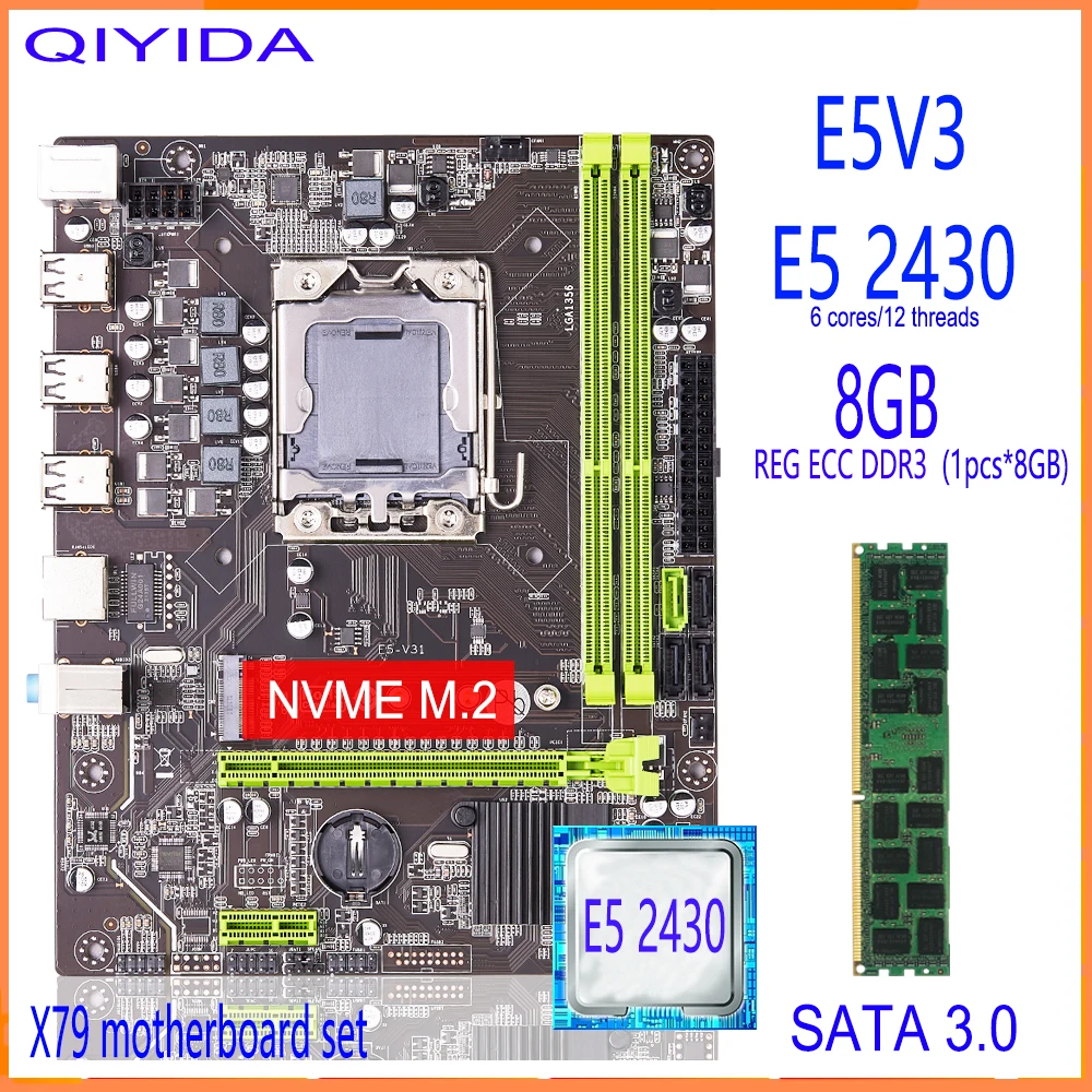 Qiyida X79 Motherboard-Set mit LGA 1356 Xeon E5 2430 CPU 8 GB 1600 MHz 12800R DDR3 REG ECC-Speicher Ram Image