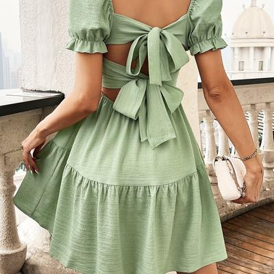 TEMU Women's Elegant Summer Dress, Backless Bow Tie Skirt With Square Neckline, Vacation And Work Skirt Image