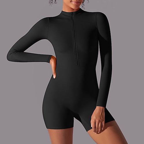 Per donna Tuta Tuta da allenamento Tutina Cerniera Tinta unica Body Pagliaccetto Estate Nero Bianco Allenamento in Palestra Fitness Yoga Vita Alta Morbido Traspirante Manica Lunga Sport Abbigliamento