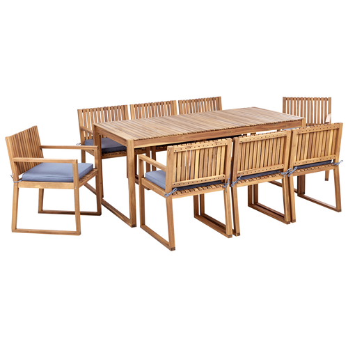 Gartenmöbel Set 8-Sitzer Hellbraun Zertifiziertes Akazienholz Tisch mit 8 Stühlen und Sitzkissen Blau Rustikal Modern Terrasse Garten