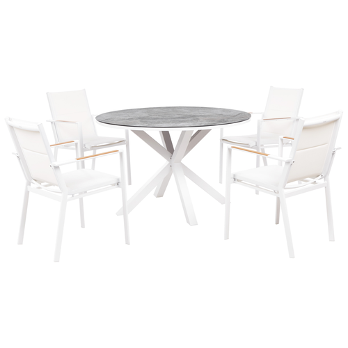 Gartenmöbel Set 5-teilig Weiß u. Dunkelgrau Aluminium Tisch ⌀ 120 cm Rund Keramikplatte Marmor Optik mit 4 Stühlen Bespannt Stapelbar Terrasse