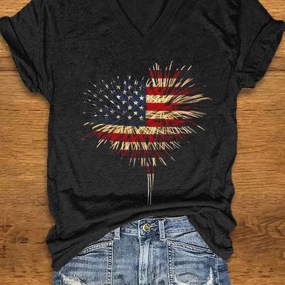 TEMU Patriotic American Flag Fireworks Display V-neck T-shirt - Soft, Stretchy Polyester , Machine Washable - For All