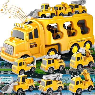Doloowee Toddler Construction Truck Toys 7 In 1 With Map, Construction Transportation Truck Friction Vehicle, Excavator, Bulldozer, Crane And Mixer For Boys 3-7 Years Christmas Birthday Gift