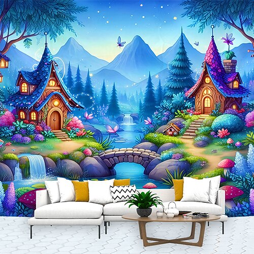 Fantasie magischer Baum Haus Wandteppich Wand Kunst große Wandteppich Wandbild Dekor Fotografie Hintergrund Decke Vorhang Haus Schlafzimmer Wohnzimmer Dekoration Wandtuch XXL Natur Image
