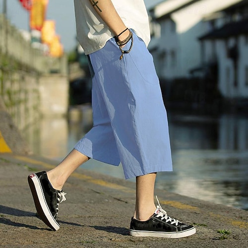 Herren Leinenhosen Caprihose Sommerhose Strandhose Tasche Kordelzug Elastischer Bund Einfach Komfort Atmungsaktiv Wadenlang Urlaub Täglich Ferien Hawaiianisch Boho Schwarz Weiß Image