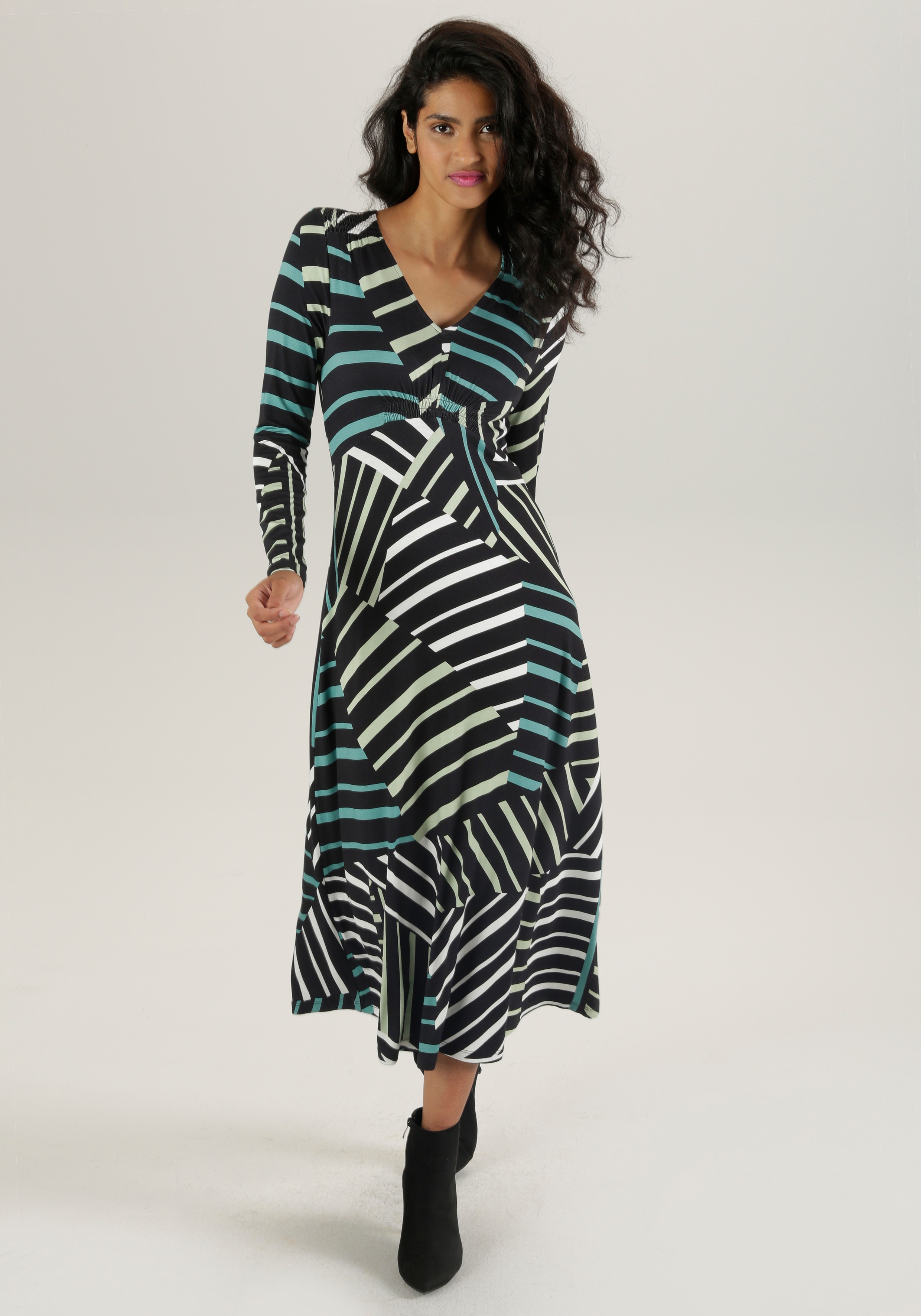 Midikleid ANISTON SELECTED, Damen, Gr. 46, N-Gr, grün (schwarz, weiß, lindgrün, seegrün), Single Jersey, Obermaterial: 95% Viskose, 5% Elasthan, bedruckt, gestreift, figurumspielend, V-Ausschnitt, Kleider Midikleid, mit Smok-Details und Streifendruck