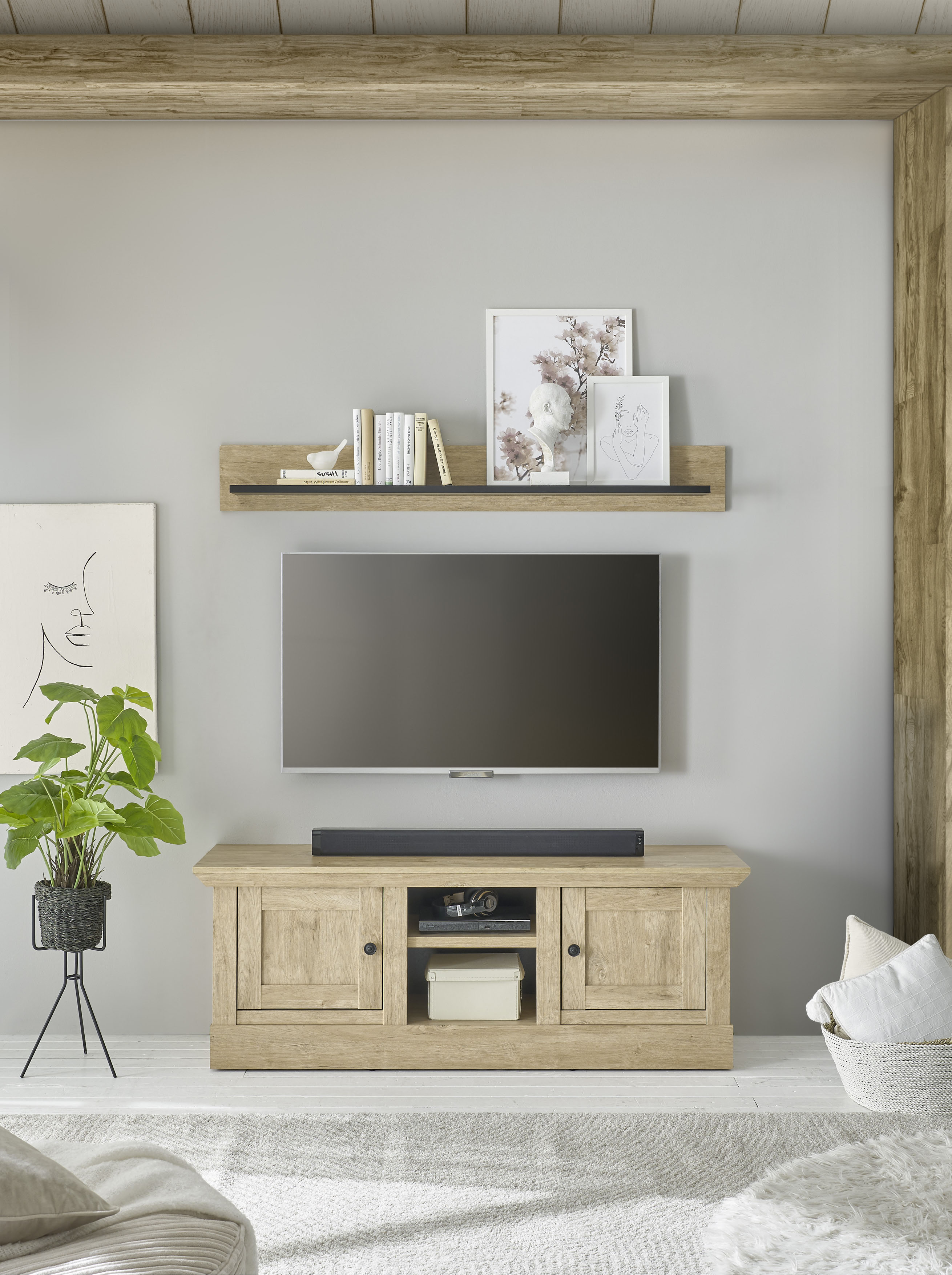 Wohnwand HOME AFFAIRE "Cornwall, Anbauwand im Landhausstil, Wohnzimmer-Set, Eiche Dekor", braun (eiche), B:152cm H:170cm T:42cm, Holzwerkstoff, Kastenmöbel-Sets, Wohnwand, enthält Lowboard, Wandboard, Eiche Dekor, 152 cm breit