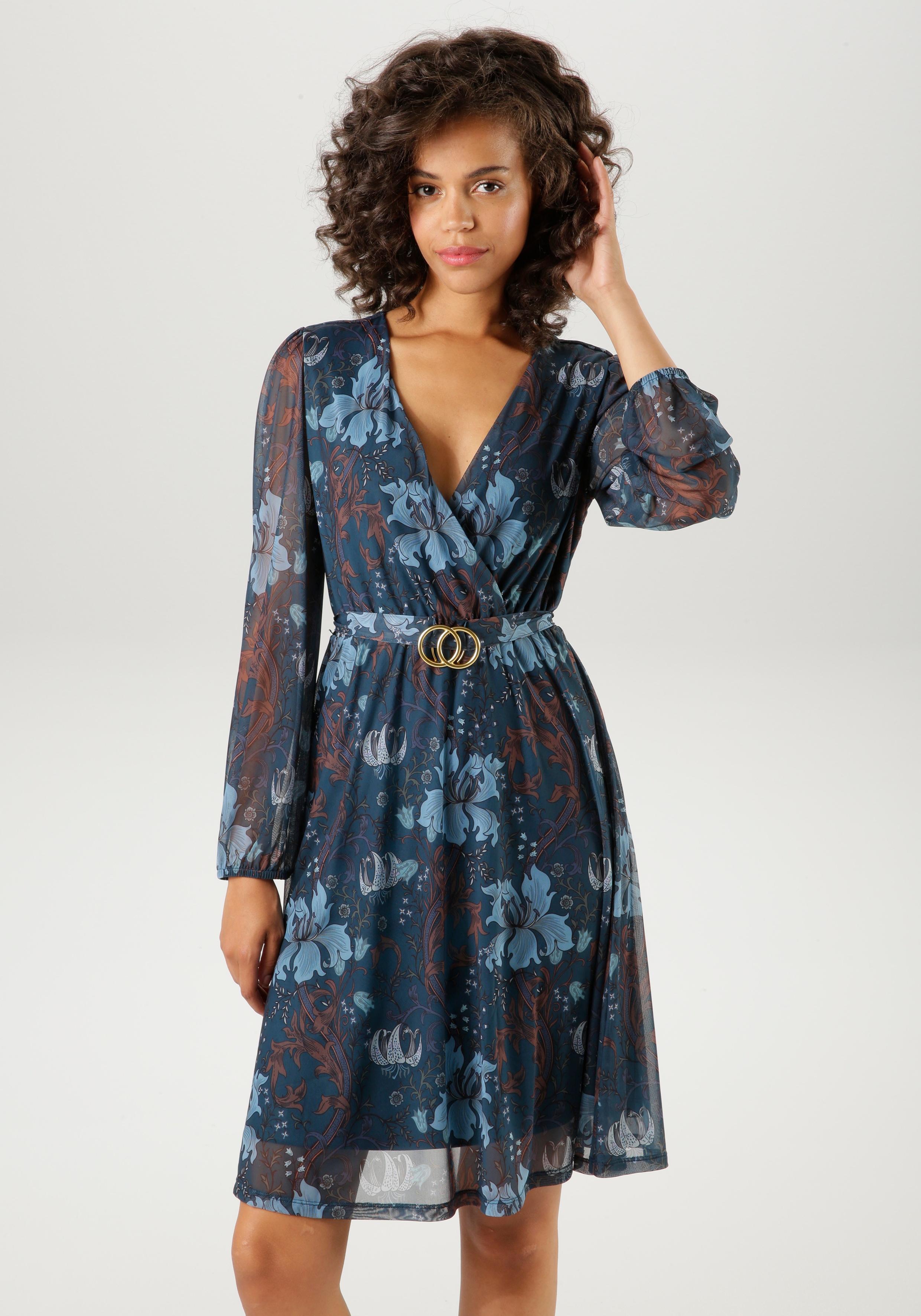 Blusenkleid ANISTON CASUAL, Damen, Gr. 42, N-Gr, blau (petrol, hellblau, braun wollweiß, grün, lila), Mesh, Obermaterial: 95% Polyester, 5% Elasthan. Futter: 100% Polyester, bedruckt, geblümt, figurumspielend kniefrei, V-Ausschnitt, elastischer Bund...