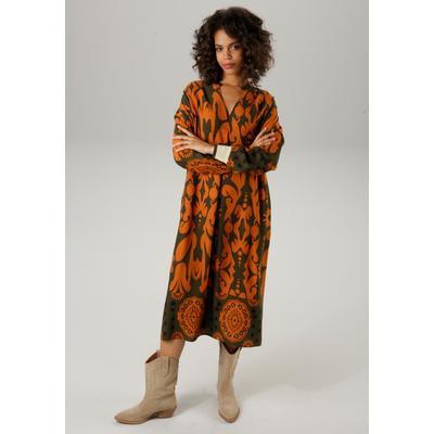 Blusenkleid ANISTON CASUAL, Damen, Gr. 48, N-Gr, bunt (dunkeloliv, terrakotta, marine), Web, Obermaterial: 100% Viskose, bedruckt, gemustert, modisch, figurumspielend kniebedeckend, V-Ausschnitt, Langarm Rippbündchen, Kleider, mit großflächigem,... Image