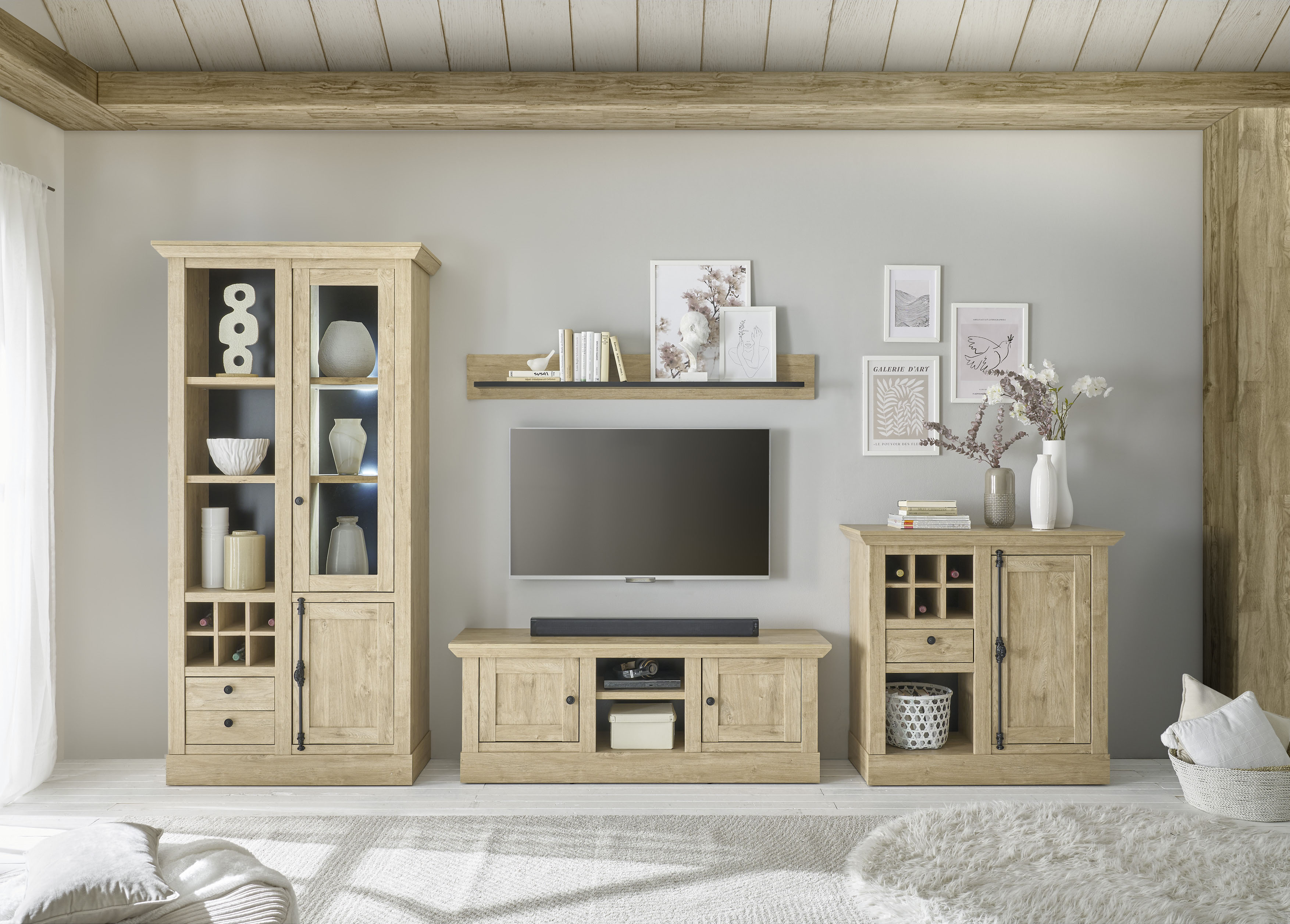 Wohnwand HOME AFFAIRE "Cornwall, Anbauwand im Landhausstil, Wohnzimmer-Set, Eiche Dekor", braun (eiche), B:382cm H:214cm T:42cm, Holzwerkstoff, Kastenmöbel-Sets, Wohnwand, enthält Vitrine, Lowboard, Kommode, Wandboard, 382 cm breit