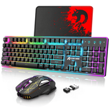 Wireless Gaming Keyboard and Mouse Combo with 87 Key Rainbow LED Backlight Rechargeable 3800mAh Battery Mechanical Feel Anti-ghosting Ergonomic Waterproof RGB Mute Mice for Computer PC Gamer (White)