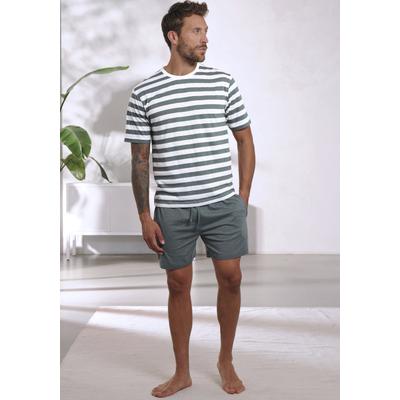 Pyjama H.I.S, Herren, Gr. 60/62 (XXL), grün (grün, creme), Jersey, Obermaterial: 60% Baumwolle, 40% Polyester, gestreift, Basic, bequem kurz, Rundhals, Kurzarm abgesteppte Kante, Homewear-Sets, Schlafanzug aus Baumwoll-Mix Image