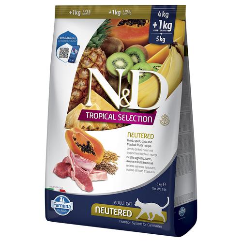 Sparpaket: 2x5kg(4+1kg) N&D Cat Tropical Selection Neutered mit Lamm Katzenfutter trocken