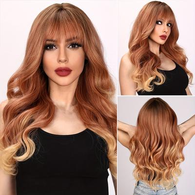 TEMU New Stylish And Elegant Orange Gradient Bangs Wig - Women's Straight Synthetic Wig -26 Inch Fashionable For Women, Heat-resistant, And Parties Halloween