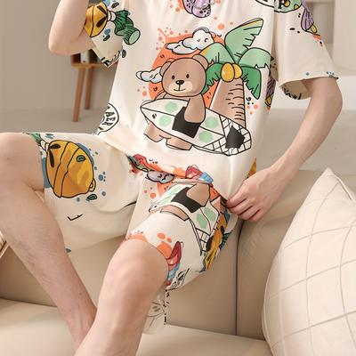 TEMU 2 Pcs Men's Bear Print Short Sleeve T-shirts & Shorts Pajama Sets, Comfortable & Skin-friendly Style Pajamas For Men's Cozy Loungewear