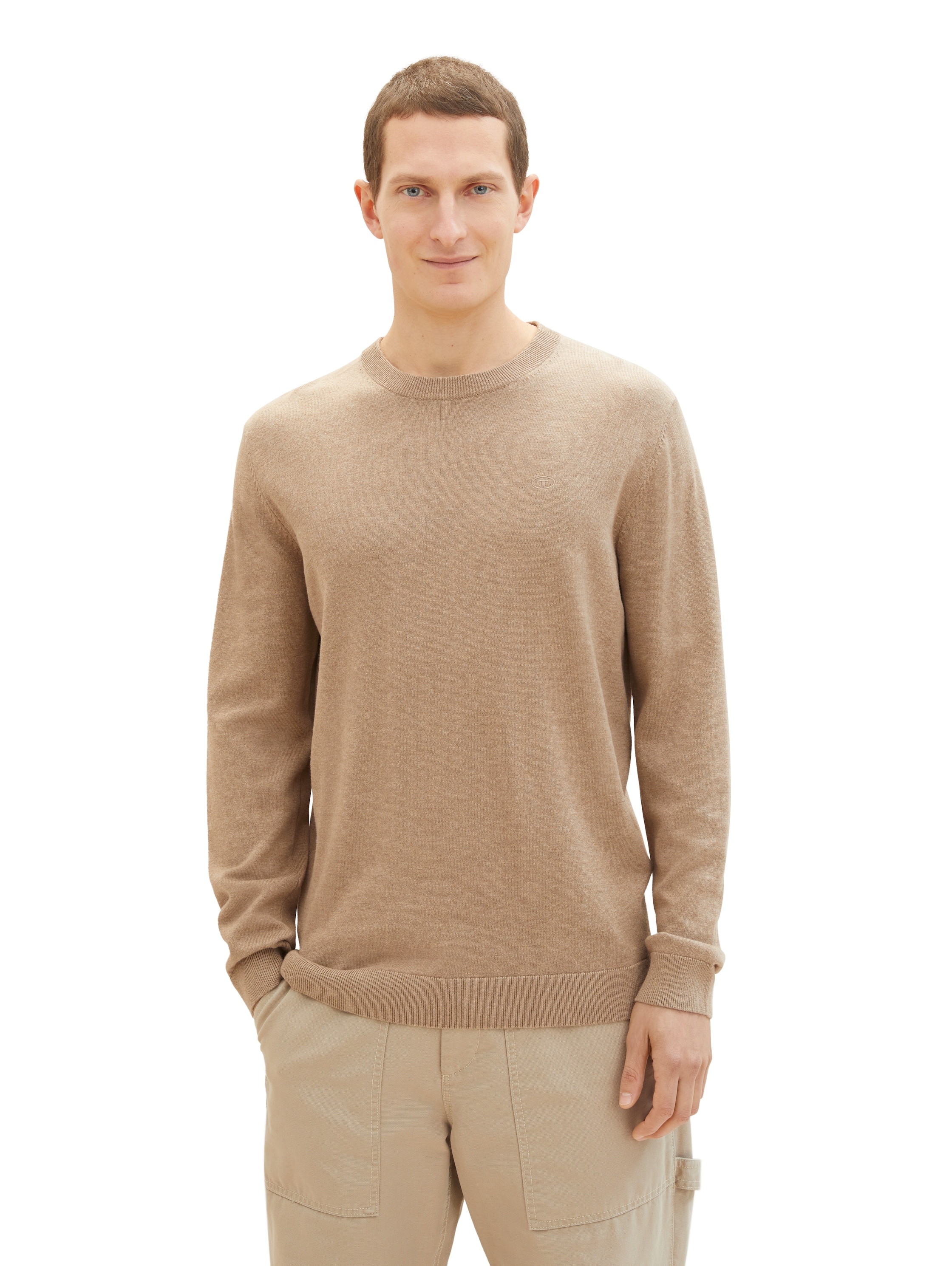 Rundhalspullover TOM TAILOR, Herren, Gr. 3XL, beige (beige meliert), Strick, Obermaterial: 100% Baumwolle, meliert, regular fit, Rundhals, Bündchen, Pullover, mit Logostickerei Image