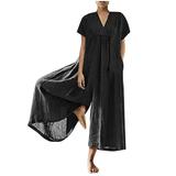 Womens Cotton Linen Wide Leg Jumpsuits Plus Size Stylish Sexy Solid Loose Playsuits Loose Breathable One Piece Rompers Ladies Novelty Trend Shirts Overalls