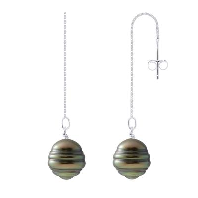 Hängende Ohrringe – 2 echte Tahiti-Zuchtperlen, eingekreist, 10–11 mm Image