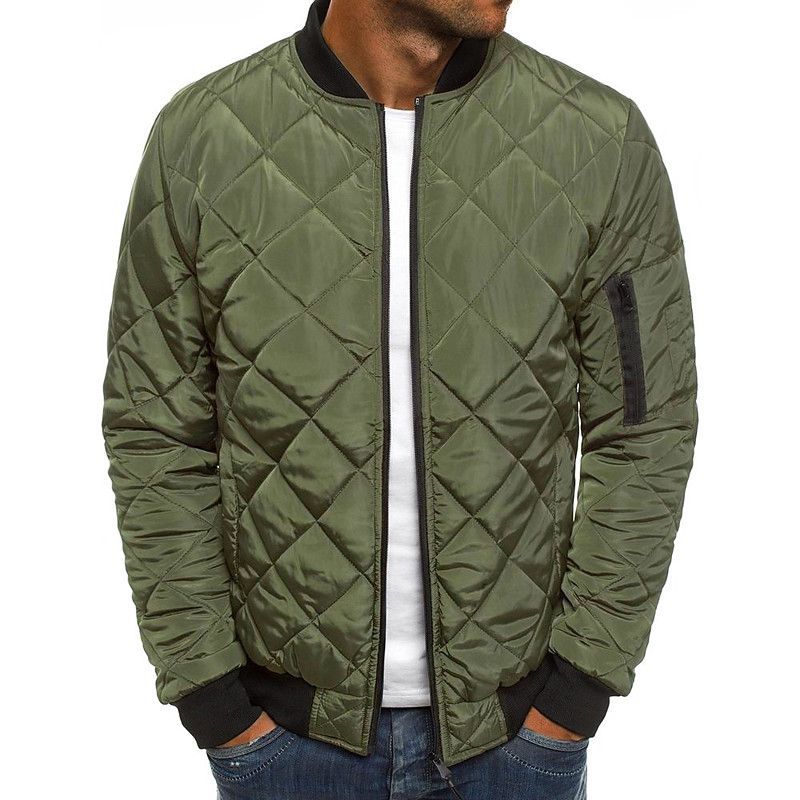 Men's Bomber Quilted Jacket Diamond Padded Jacket Winter Outdoor Chunky Varsity Flight Windproof Warm Trench Coat Top Quilted Seams Cotton Outwear Overcoat Full Zipper Camping Hiking Hunting Fishing