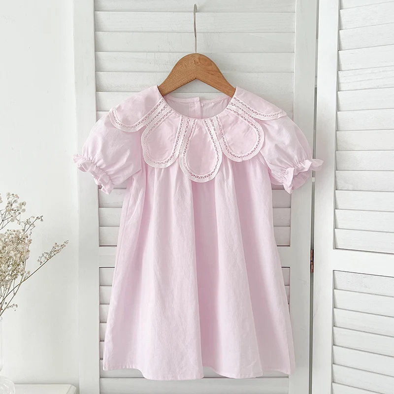 Mädchen Rosa Prinzessin Kleider Neue Sommer Baby Kleid Puff Sleeve Koreanischen Stil Blütenblatt Kragen Kleinkinder Kinder Baumwolle Nette Party Kleid Image